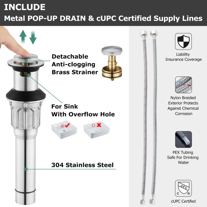 PARLOS Widespread Double Handles Bathroom Faucet with Pop Up Drain and cUPC Faucet Supply Lines, Brushed Nickel, Doris 14172 - Image 3
